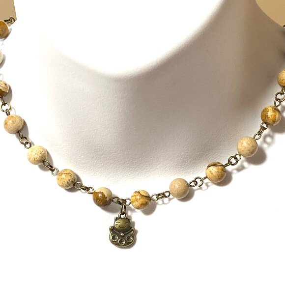 Genuine Yellow Picture Jasper Short Necklace, Cute Bronze Fortune Cat + Gemstone - Picture 2 of 15